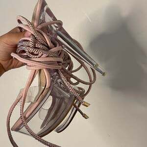 Pink Rhinestone Thigh High Wrap Up Clear Platform Heels, Size 7